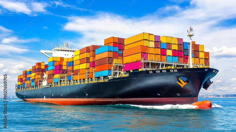 Wall mural cargo ship glides across the vast, open sea, symbolizing global trade, connectivity, and the journey