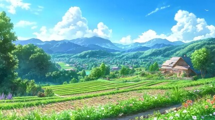 A serene landscape featuring rolling hills, fields, and a quaint house under a bright sky.