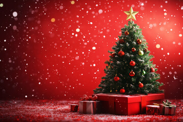 Festive Christmas wallpaper. Christmas tree with lights and gifts on red background. New year greeting card with copy space