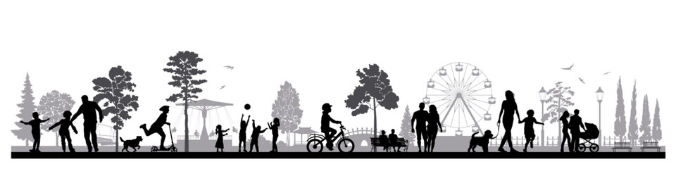Family silhouettes. Groups of people, father, mother and children strolling in the city park. Vector illustration	
