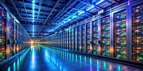 Obraz premium Big Data Technology Visualization in a Modern Data Center with Servers and Supercomputers