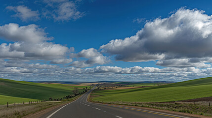 Endless Highway Through Lush Green Fields Under a Blue Sky