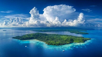 Aerial View of Lush Tropical Island with Boats in Turquoise Water and Dramatic Clouds
