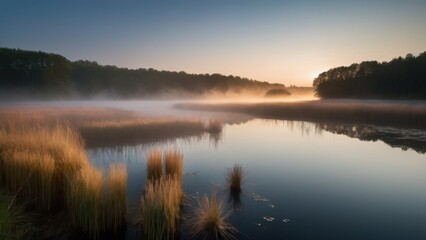Fototapeta premium A serene morning scene by a lake with reeds and grasses bathed in golden light as the sun rises. The mist over the water creates a peaceful and atmospheric landscape