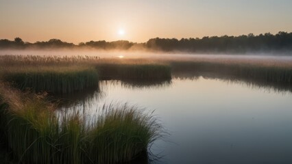Obraz premium A serene morning scene by a lake with reeds and grasses bathed in golden light as the sun rises. The mist over the water creates a peaceful and atmospheric landscape