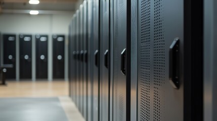 Naklejka premium Metal lockers in a gym, sports cabinets, perspective view