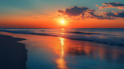Obraz premium Sunset on the beach in North Carolina, golden sand and orange sky