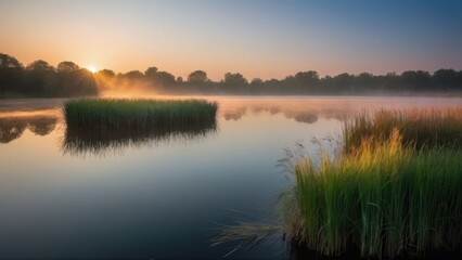 Obraz premium A serene morning scene by a lake with reeds and grasses bathed in golden light as the sun rises. The mist over the water creates a peaceful and atmospheric landscape