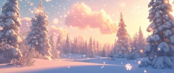 Fototapeta premium Beautiful winter landscape with snow-covered trees, soft pastel colors. AI generation