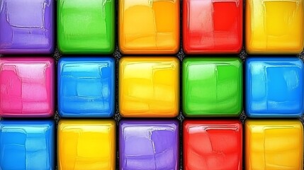 Colorful glossy square tiles arranged in a grid pattern.