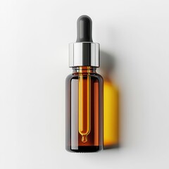 Naklejka premium Amber glass dropper bottle with gold cap on white background