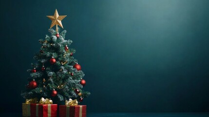 Naklejka premium A decorated Christmas tree with presents underneath stands against a dark blue backdrop with a golden star on top.
