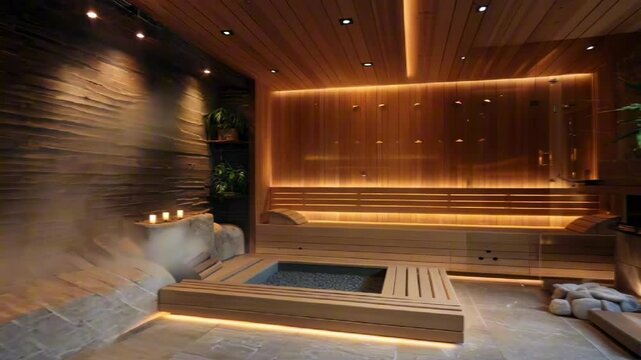 Modern sauna interior with wooden benches, soft lighting, and a stone stove in a cozy atmosphere. Wellness, biohacking