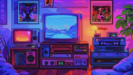 gaming room designed with fantasy elements vtuber asset twitch zoom OBS, anime chill hip hop cyan purple colors manga style loop animation virtual stream overlay wallpaper cozy room interior