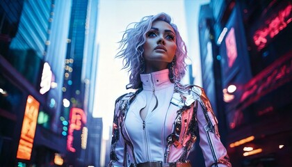 Obraz premium Model in a Futuristic Outfit on a Cyberpunk Urban Street Background