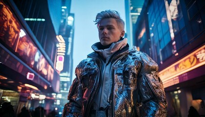 Obraz premium Model in a Futuristic Outfit on a Cyberpunk Urban Street Background