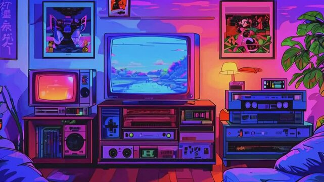 gaming room designed with fantasy elements vtuber asset twitch zoom OBS, anime chill hip hop cyan purple colors manga style loop animation virtual stream overlay wallpaper cozy room interior