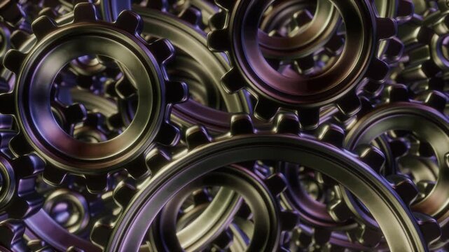 A detailed, closeup view of interlocking gears showcasing intricate patterns along with a stunning metallic sheen. 4K loop cycle animation