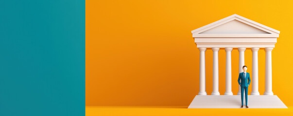 Businessman standing in front of a classic building on a vibrant background.