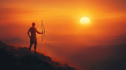 A man with a bow and arrow stands on a mountaintop at sunrise. The sun is setting over the horizon, casting a golden light on the mountains and clouds.