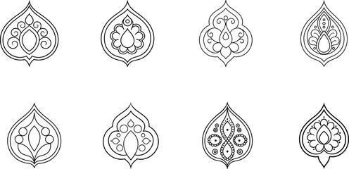 Six Intricate Black and White Teardrop Designs