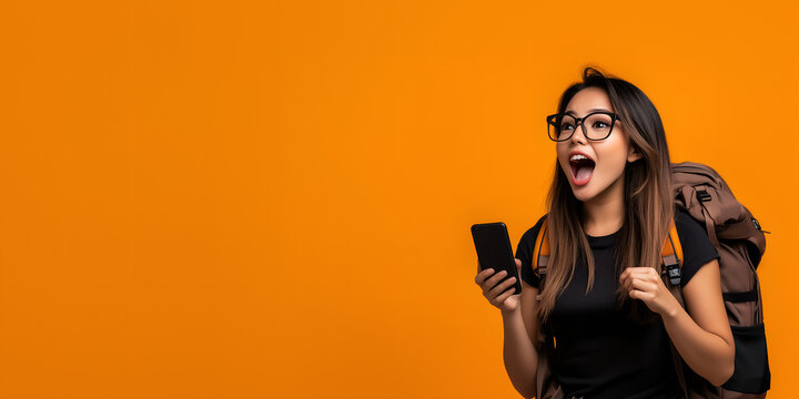 young asian brunette woman with backpack in goggles using her phone with excited face expression isolated on energetic orange background