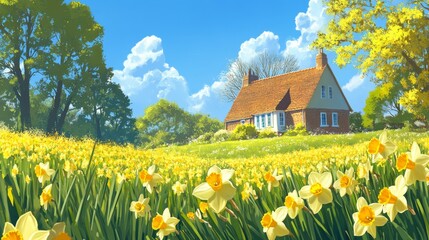 Cottage nestled in a field of blooming daffodils under a blue sky