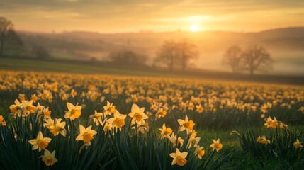 Obraz premium Daffodils in a Field at Sunset with a Hazy Background