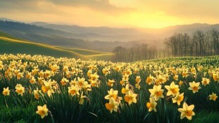 Fototapeta premium Field of Daffodils at Sunset with Misty Hills in the Distance
