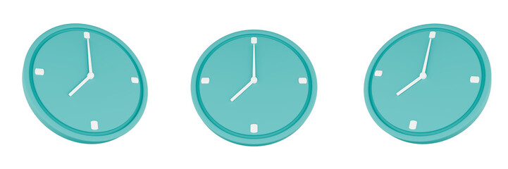 Set of 3D blue clock icons in different angles. Isolated on transparent background