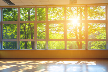Fototapeta premium Sunlight Streaming Through Large Window in Room with Green Trees View