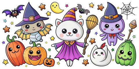 Fototapeta premium Cute Doodle Halloween Characters for All Saints Day Coloring Book - Ghosts, Spiders, Cats, and More
