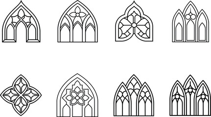 Gothic Arch Window Designs Set Black White Illustration
