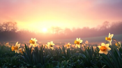 Fototapeta premium Daffodils Blooming in a Field at Sunset