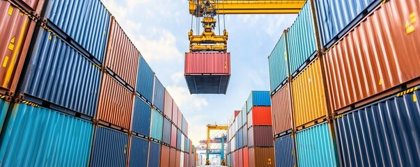 Fototapeta premium Container crane at the port lifting cargo, rows of stacked shipping containers, global logistics and transportation concept, industrial scene, bright sky background
