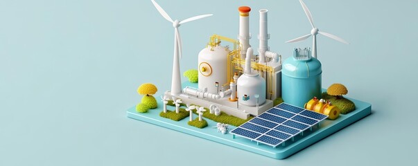 Hydrogen plant with wind turbines and solar panels in an eco-friendly isometric layout, futuristic renewable energy design, vibrant colors, neutral background
