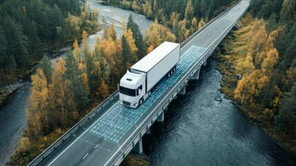 Self-driving truck with artificial intelligence driving over a river bridge, surrounded by forest, futuristic logistics concept, drone shot, digital transportation grid