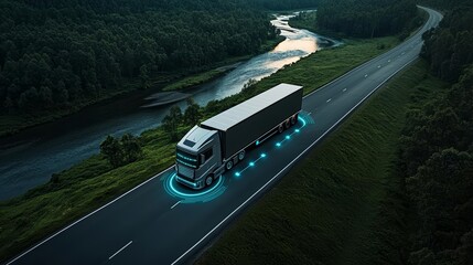 Self-driving truck with artificial intelligence driving over a river bridge, surrounded by forest, futuristic logistics concept, drone shot, digital transportation grid