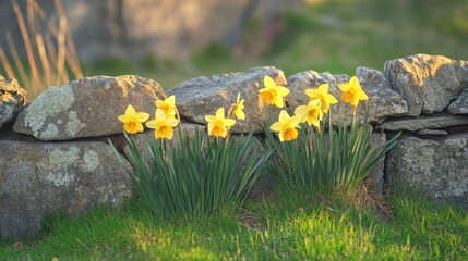 Yellow Daffodils Blooming at the Base of a Stone Wall