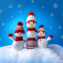 Fototapeta premium Merry Christmas Card with Knitted Snowmen