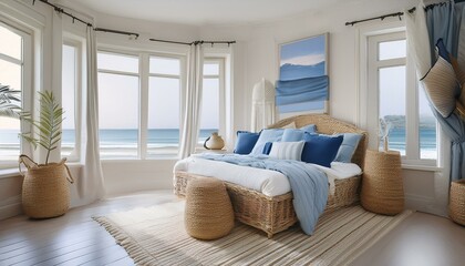 Minimalist bedroom by the sea featuring a serene design, light colors, and natural elements, creating a tranquil and refreshing atmosphere