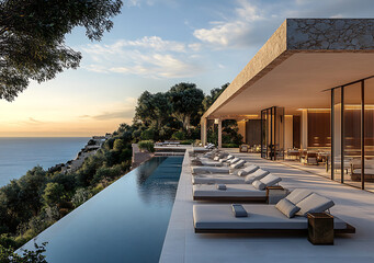 A high-end hotel complex near the beach in an oasis, with a large pool and numerous lounge chairs