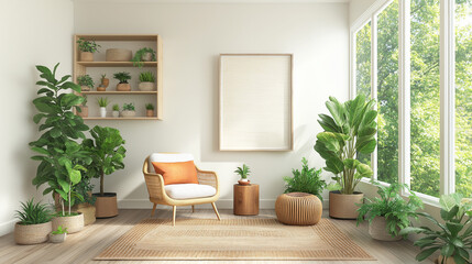 Tiny boho condominium living room, eclectic decor, rattan armchair, textured rug, bohemian wall art