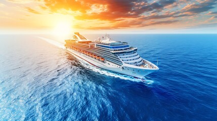 Cruise ship sailing on the ocean at sunset.