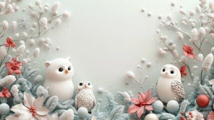 Obraz premium A Christmas vintage border with a minimalist design, featuring 3D-rendered animals like owls and polar bears in cozy winter settings, surrounding a blank frame with soft pastel and neutral holiday