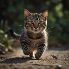 A tabby cat with green eyes runs towards the camera, chasing a small mouse on a dirt path.