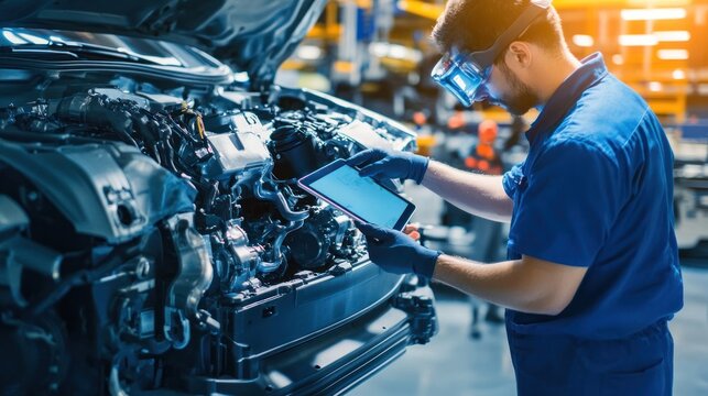 Vehicle engine inspection with AR: Technicians using AR tablets to diagnose and repair broken components in real-time