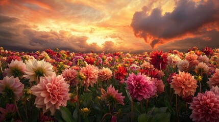 Fototapeta premium A Field of Vibrant Dahlias Against a Dramatic Sunset Sky