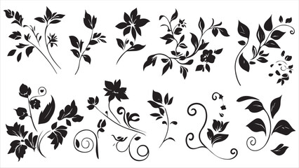 A set of simple black blue floral and swirling vector elements on a white background.