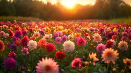 Fototapeta premium Sunset Over a Field of Vibrant Dahlias